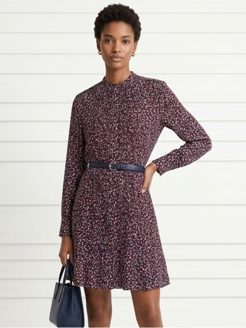 Tory Burch Burgundy Navy and Cream Long-Sleeve Printed 100%Silk Dress